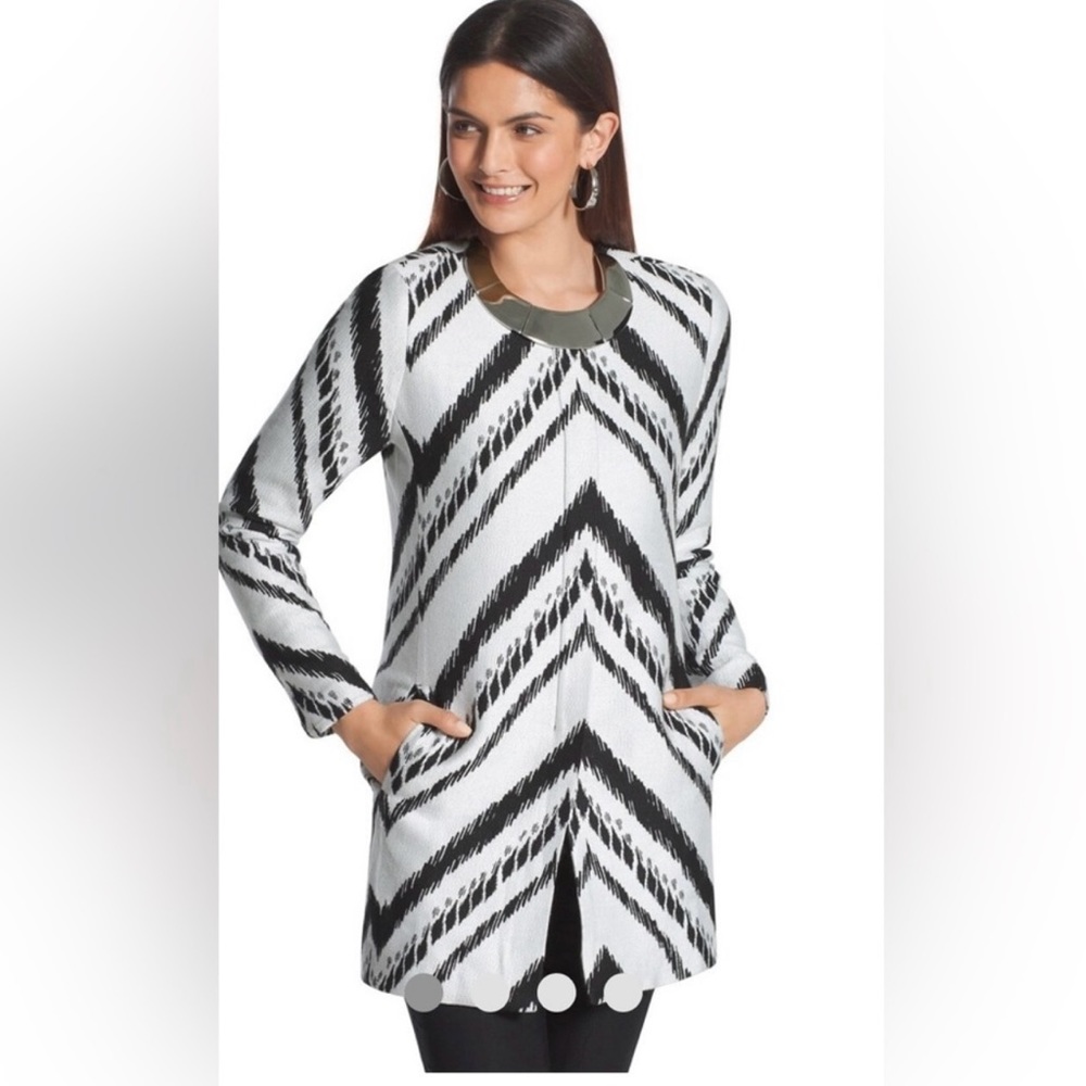 Chico's Black White Abstract Chevron Lined Topper Jacket Blazer Sz 1 Medium